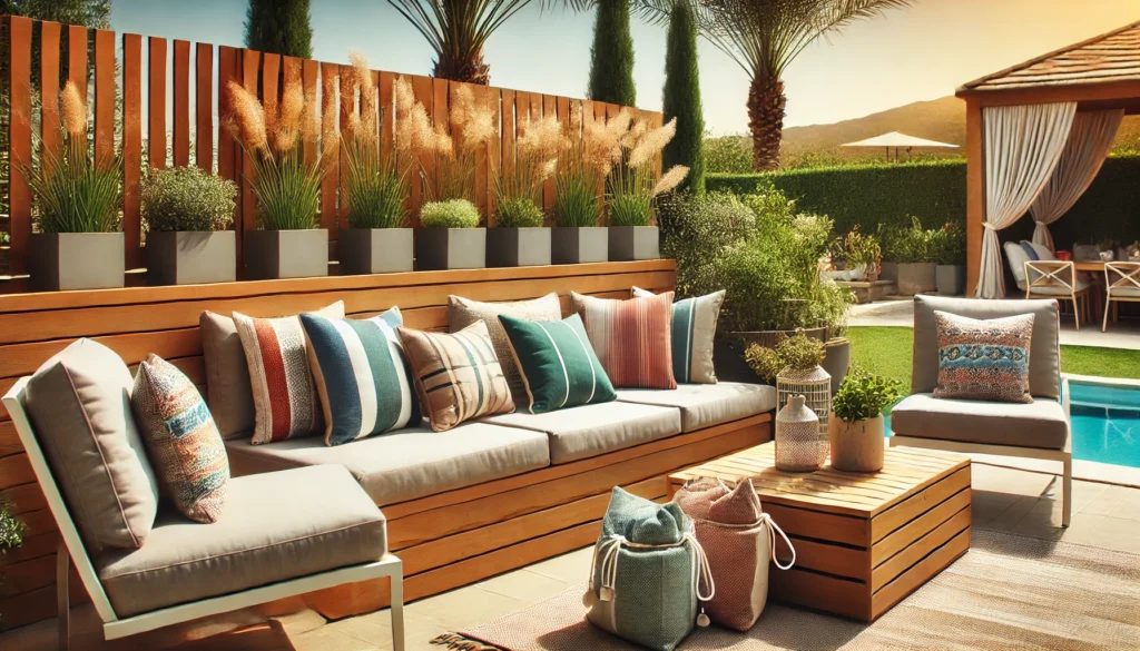 A cozy patio featuring wooden furniture and colorful pillows, perfect for relaxing and learning how to keep patio pillows from blowing away.