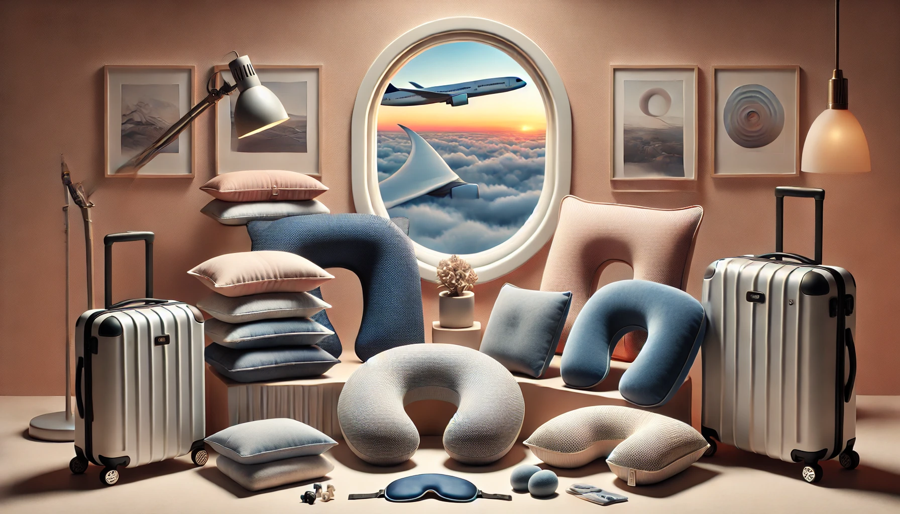 A room with a window, luggage, and pillows, showcasing a comfortable space for finding the 10 best travel pillow selections.