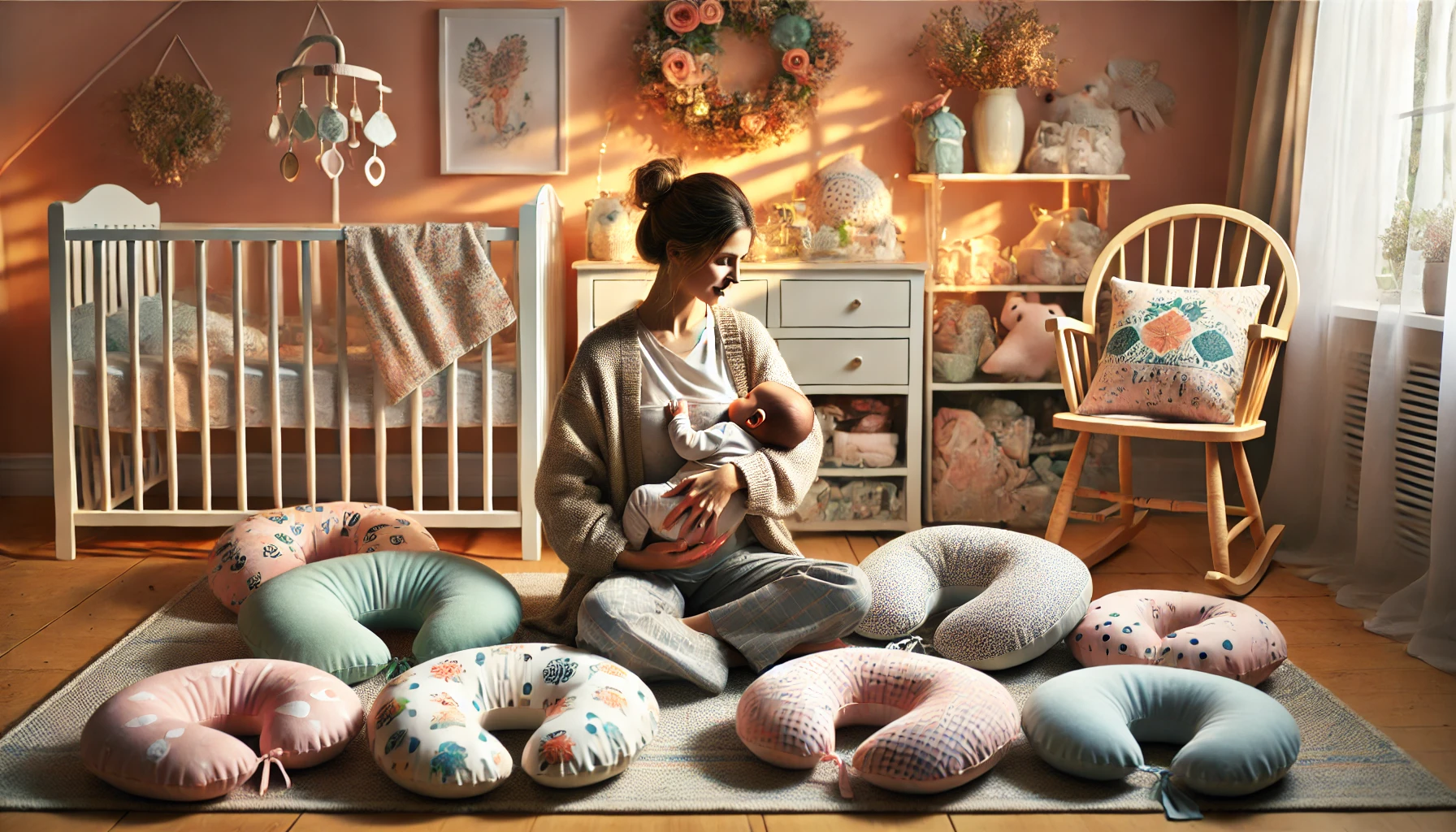 A woman is seated on a bed with many pillows, illustrating the comfort provided by the 10 Best Nursing Pillows.