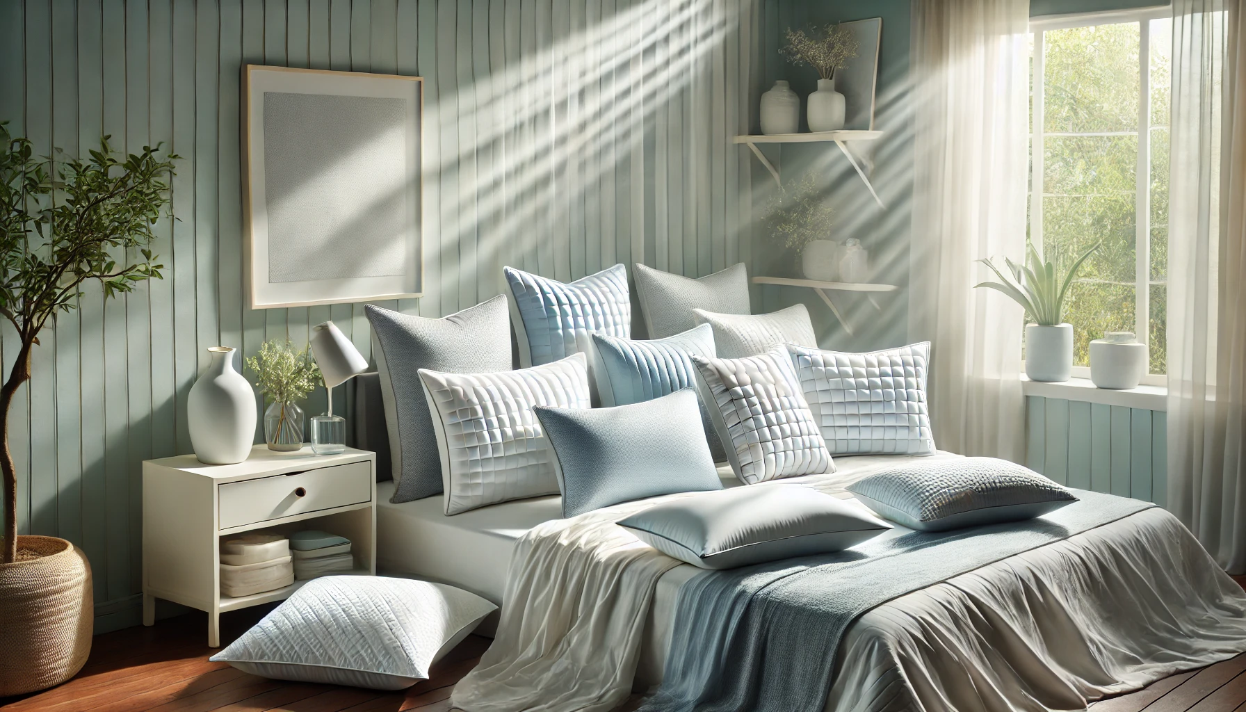 A serene bedroom with blue walls and a bed filled with pillows, ideal for comfort using the 10 Best Cooling Pillow.