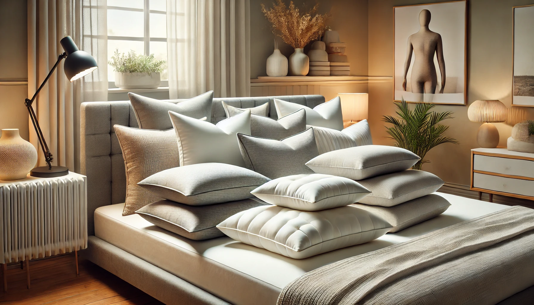 A comfortable bed with pillows and a lamp in a bedroom, showcasing options for the 10 best pillow for back sleepers.