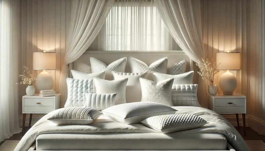 A white bed with soft pillows and a white headboard, perfect for a restful sleep with the 10 best firm pillows.