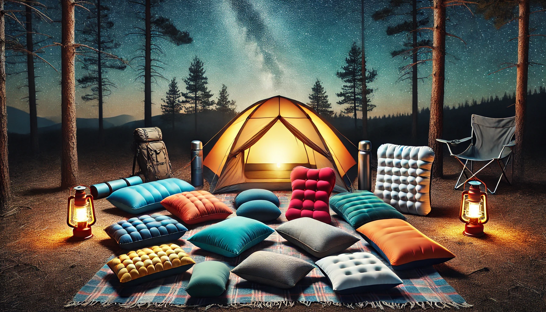 In a serene forest, a tent and camping chairs are set up, ideal for relaxing with the 10 best camping pillows.