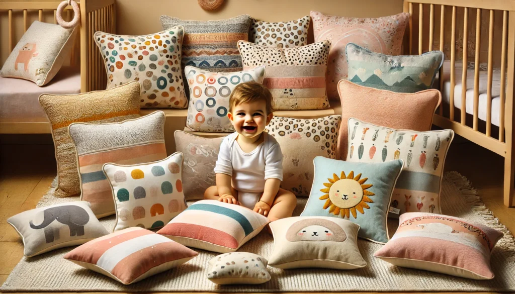 A baby sits happily in front of colorful pillows, exploring the soft textures of 10+ best toddler pillows.