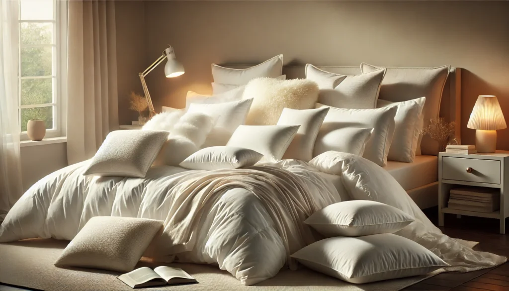 A cozy bed adorned with white pillows, showcasing the comfort of the 10 Best Down Pillows for a restful sleep.