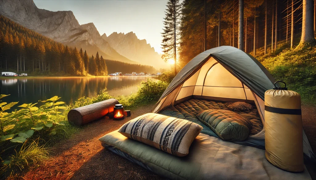 A tent stands by a lake with mountains in the background, perfect for camping. What is the best camping pillow for comfort?