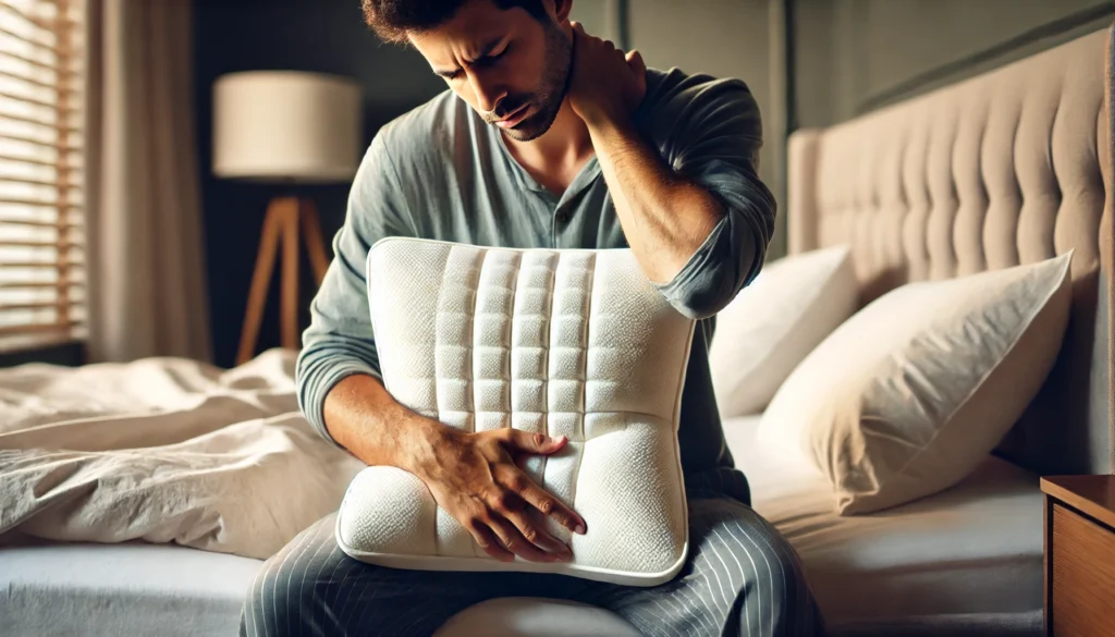 A man sitting on a bed with a pillow, holding his neck in pain, wondering what is the best pillow for neck pain.