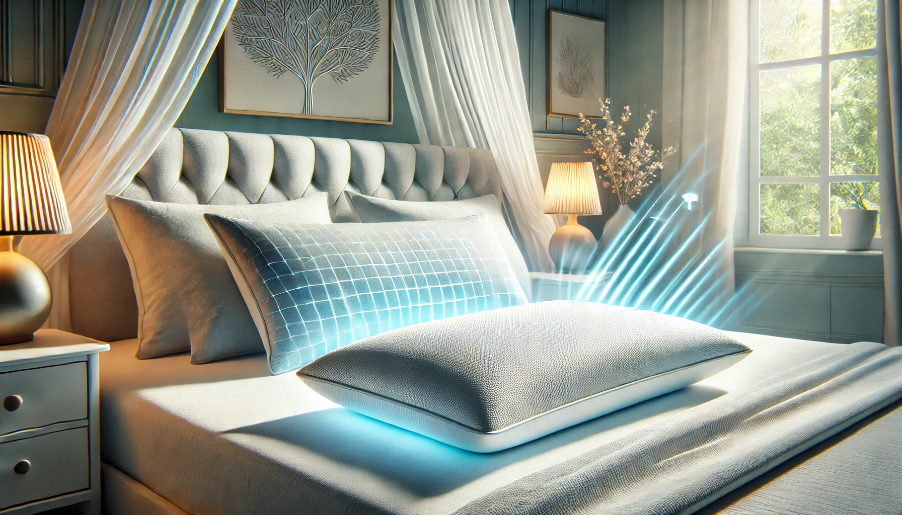 A pillow on a bed glows in the light, leading to considerations of what is the best cooling pillow for staying cool at night.