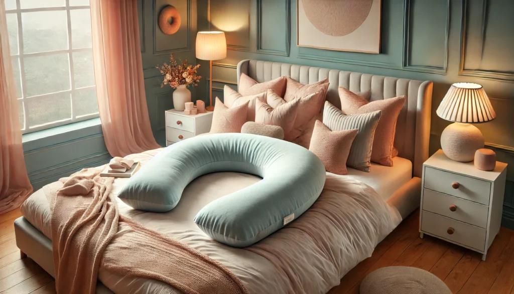 A cozy bed featuring a pregancy pillow and a blue and pink bedspread, perfect for comfort while asking, what is the best pregnancy pillow?