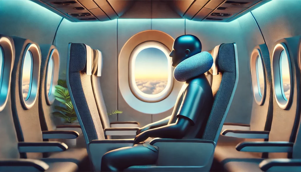 A man sits in an airplane seat, resting his head on the armrest, demonstrating how to wear a neck pillow comfortably.
