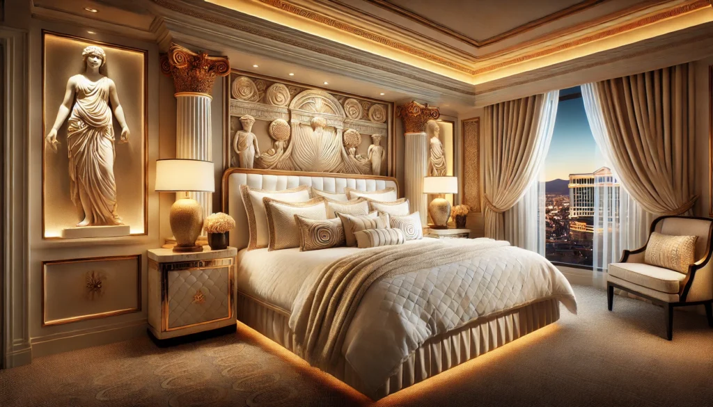 A cozy bedroom featuring a large bed and a city view, perfect for relaxation. What pillows does Caesars Palace use?