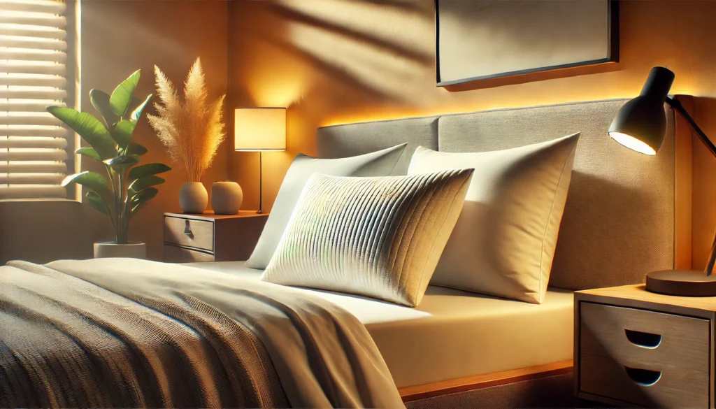 A cozy bedroom featuring a bed with pillows and a lamp, ideal for learning how to choose the right pillow for side sleepers.