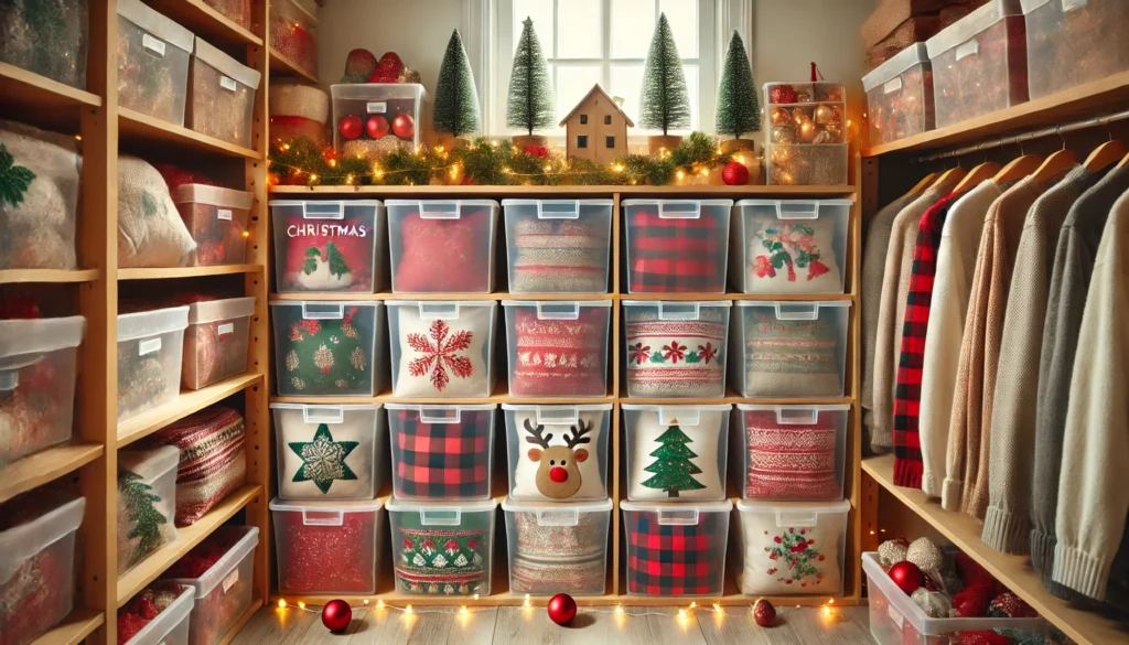 A closet filled with Christmas decorations and clothes, showing how to store Christmas pillows neatly.