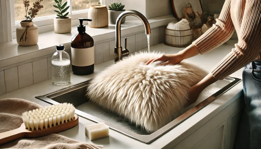 A woman cleans a furry pillow in the kitchen sink, demonstrating how to wash fur pillows effectively.
