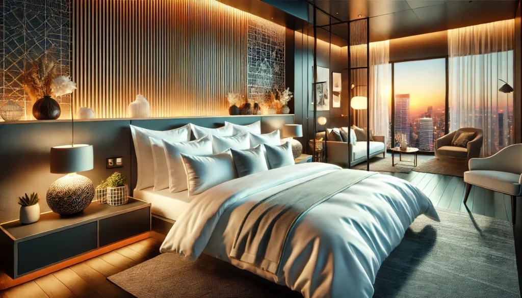 A modern bedroom featuring a city view, showcasing stylish decor and cozy pillows, inquiry, What Pillows Does Aloft Hotel Use.