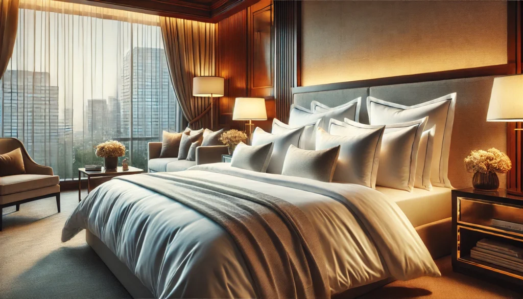 A large bed with white pillows near a window, showcasing a cozy and inviting atmosphere. What pillows does Omni Hotel use?