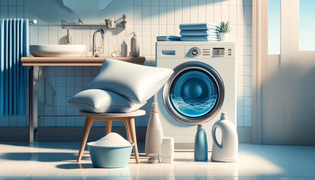 A washing machine and various items are placed in a bathroom, illustrating how to wash a travel pillow effectively.