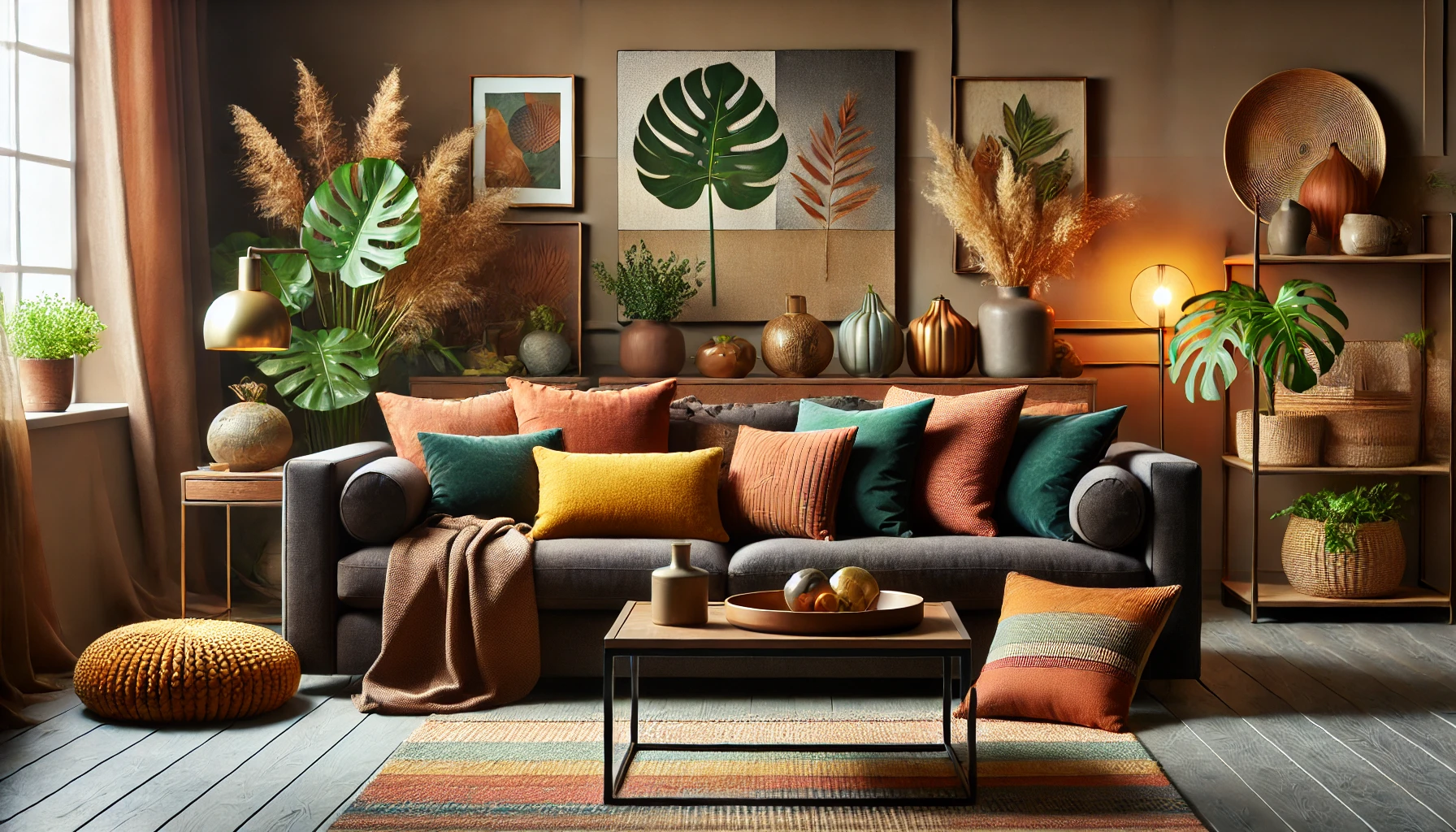 A bright living room showcasing a couch, a table, and some plants, suitable for considering what color pillows for dark brown couch.