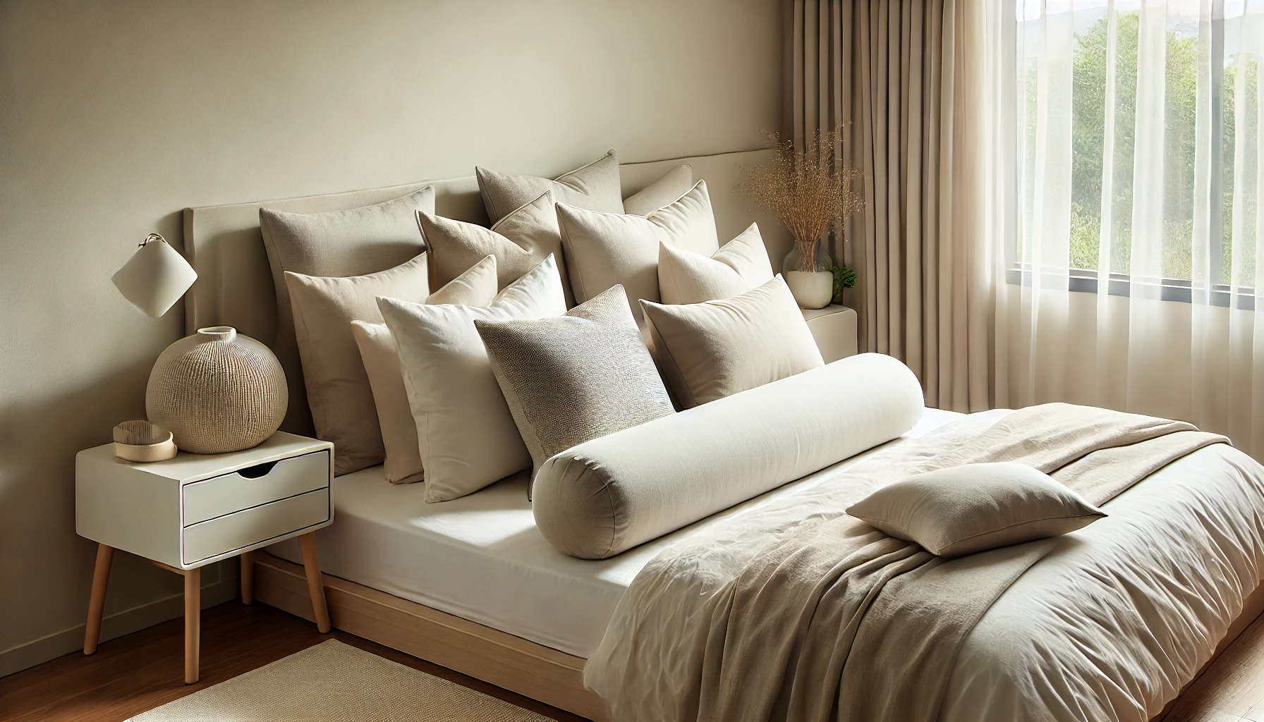 A neatly made bed featuring pillows and a nightstand, showing how to keep pillows on the bed without a headboard.