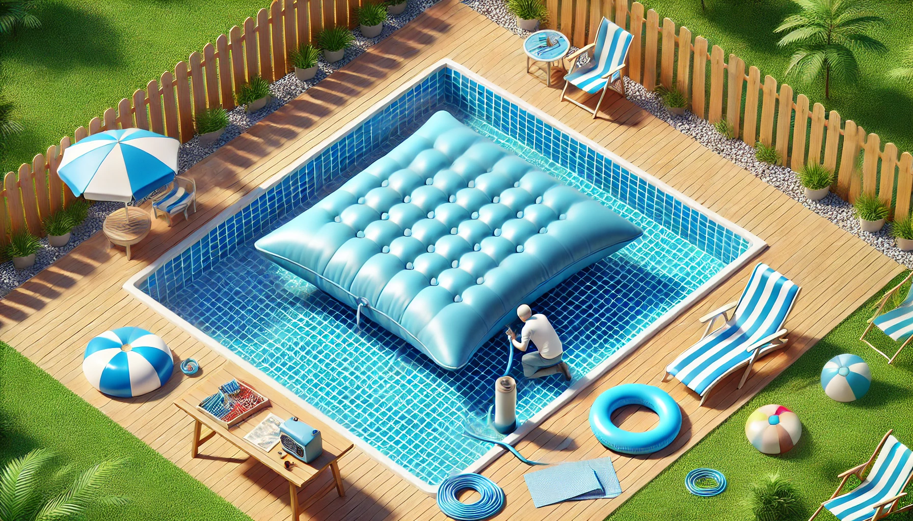 A pool scene with a large inflatable section and comfortable chairs. Find out how to inflate an air pillow for your pool.