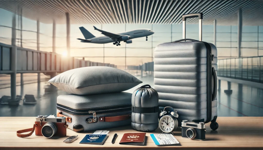 Travel bags, luggage, and a passport are neatly arranged on a table, showing essentials for a trip and how to pack pillows for travel.