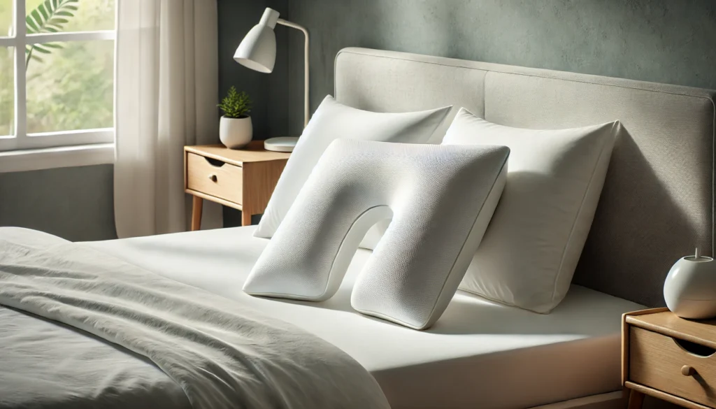 A pillow rests on a bed, demonstrating how to use a Tempur Pedic neck pillow for comfort and support.