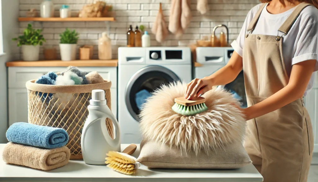 A woman cleans a laundry room while holding a fluffy pillow, demonstrating how to wash furry pillows effectively.