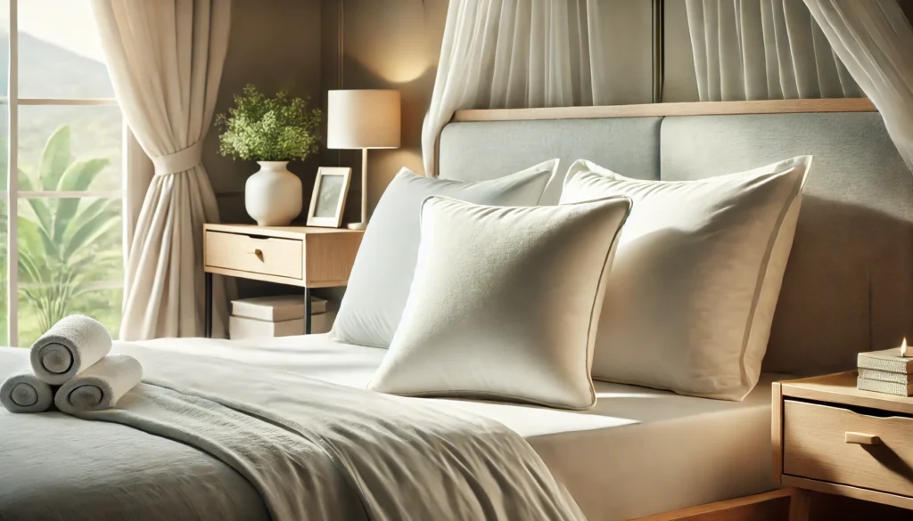 A cozy bed with white pillows and a nightstand, perfect for learning how to wash a bed rest pillow.