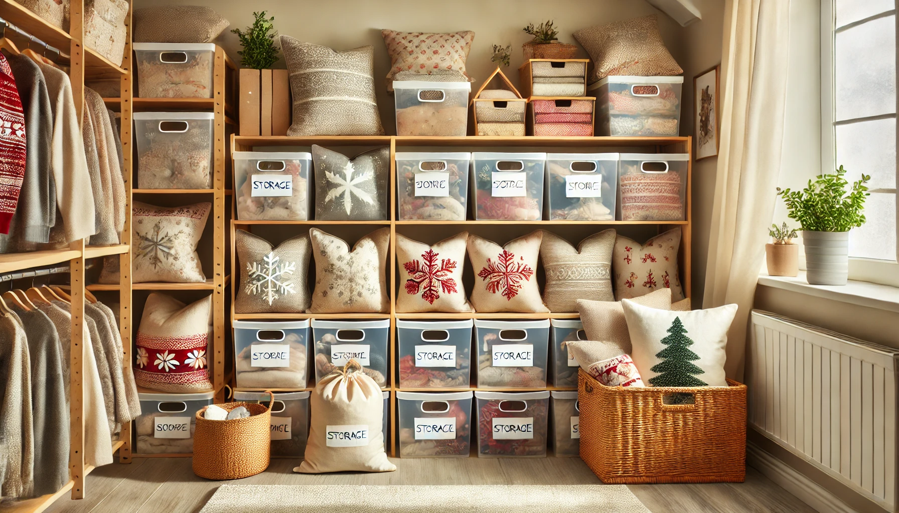 A well-organized closet with plenty of pillows, perfect for learning how to store holiday pillows efficiently.