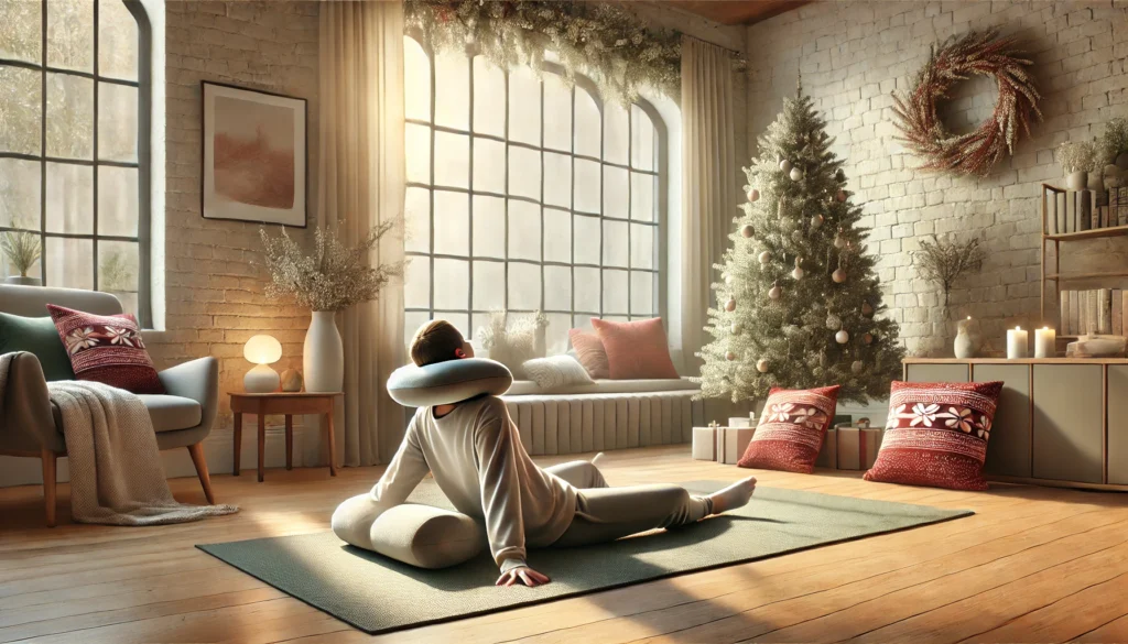 A woman practices yoga in a room decorated with Christmas trees, showing relaxation and peace. How to use neck stretcher pillow.