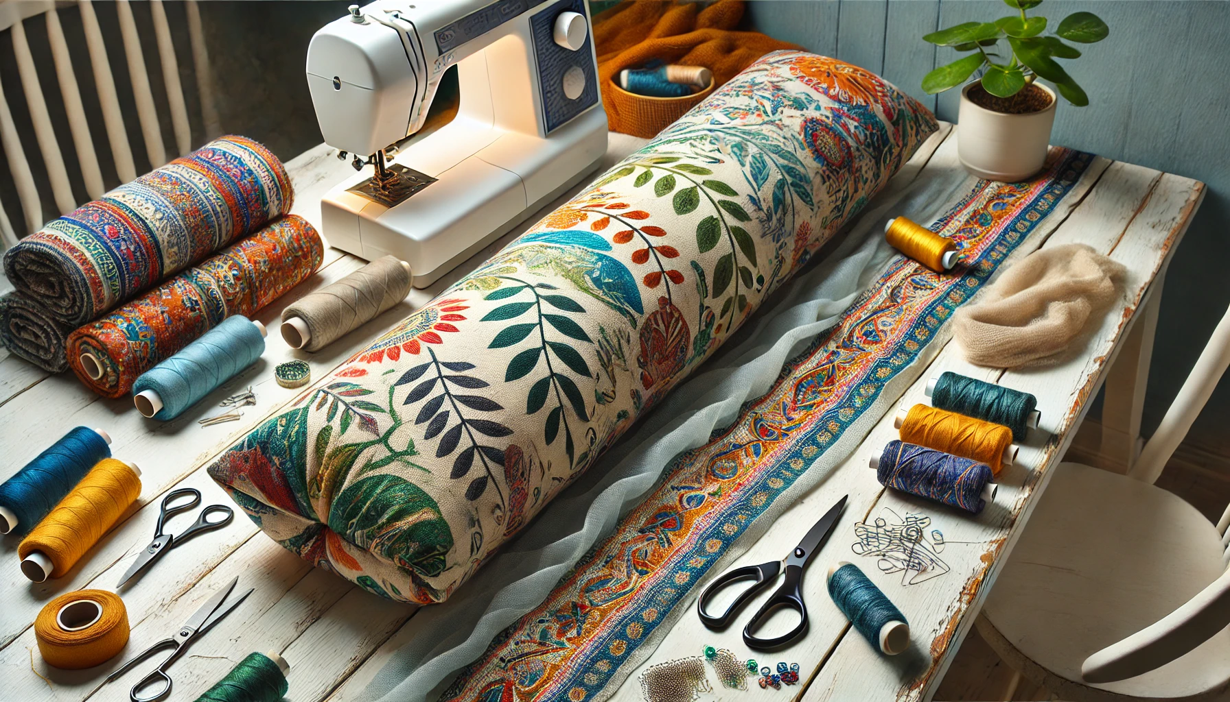 A table featuring a sewing machine, scissors, and fabric, ideal for those exploring how to wrap a long pillow.