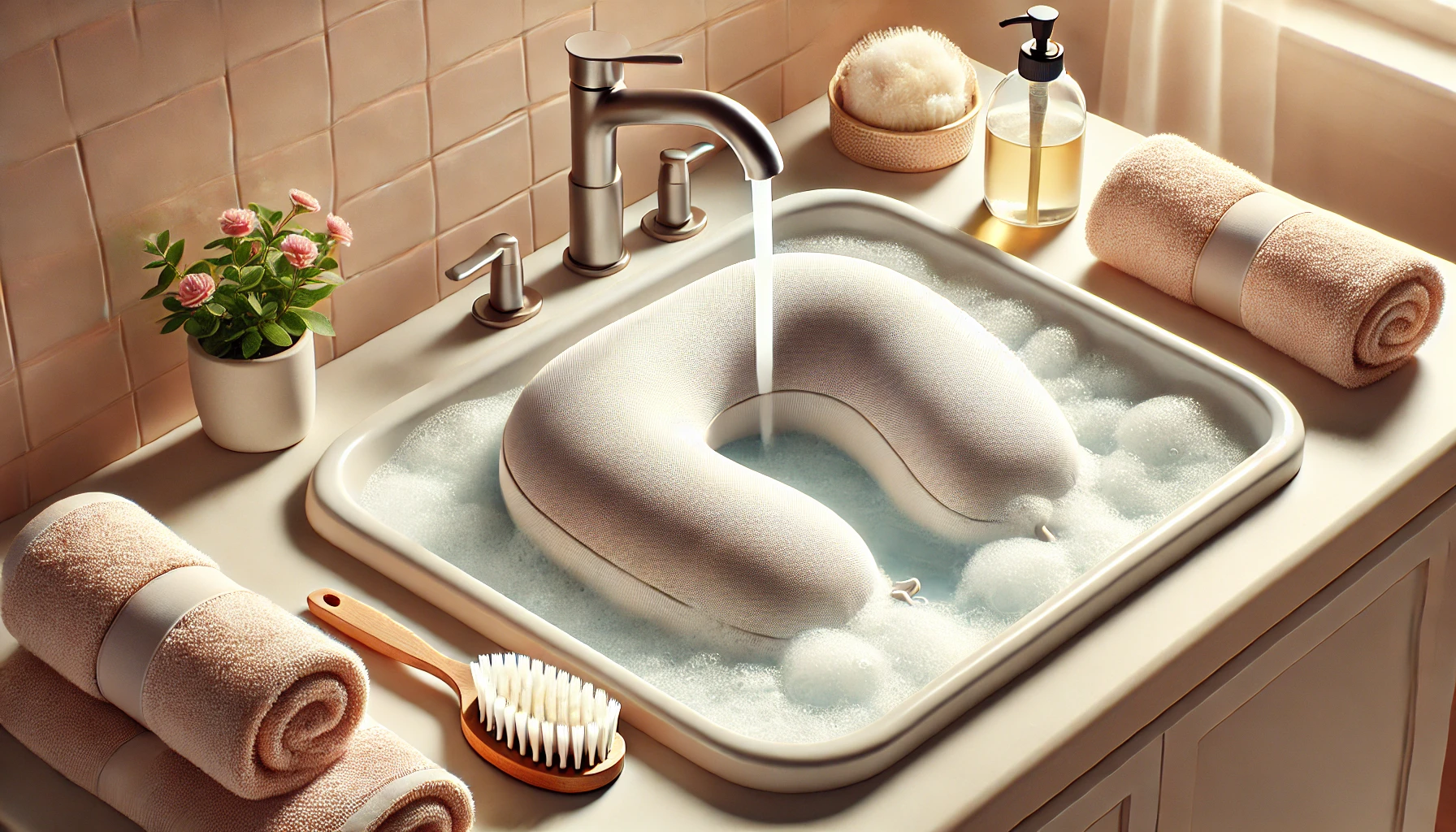 A creative sink featuring a bathtub, demonstrating a practical way to wash a neck pillow.