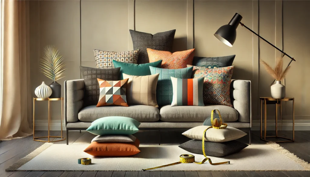A sofa adorned with various colorful pillows, showcasing a cozy and inviting seating area. Learn how to measure throw pillows.