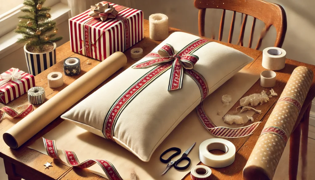 A table displaying a pillow, colorful wrapping paper, and various gift-wrapping supplies for how to gift wrap a body pillow.