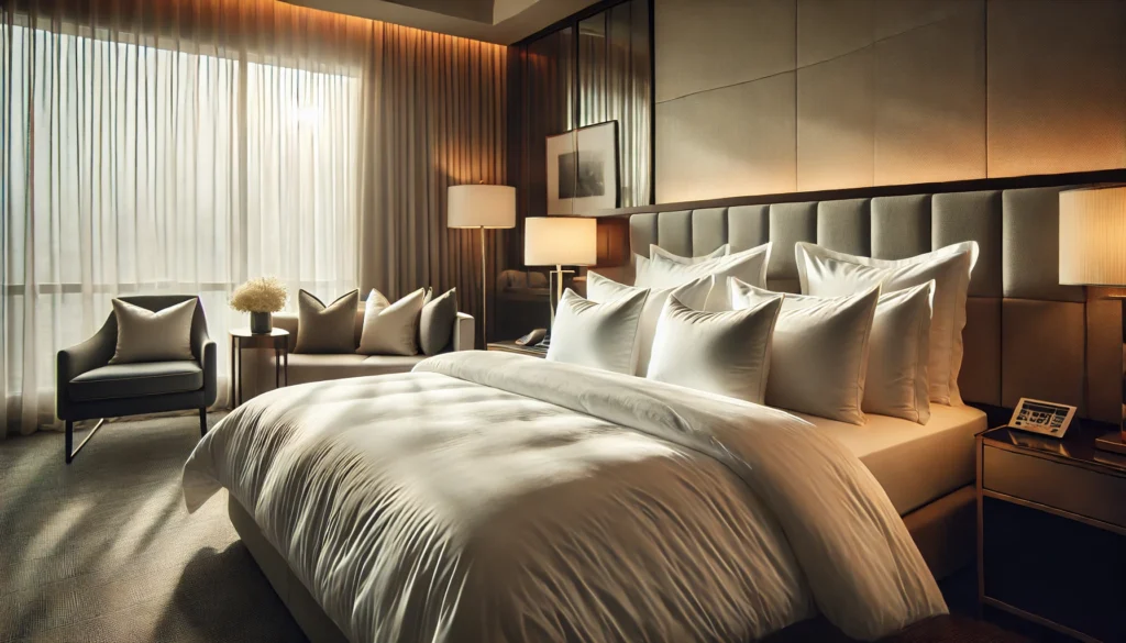 A large bed with white pillows and a chair,  the comfort of Sheraton Hotels' pillow selection. inquiry, What Pillows Do Sheraton Hotels Use.