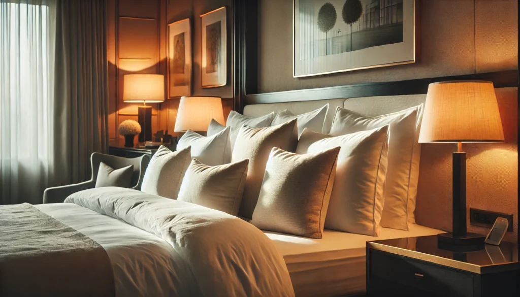 A cozy bedroom featuring a bed with pillows and a lamp, showcasing the comfort of Embassy Suites' pillow What Pillows Does Embassy Suites Use .