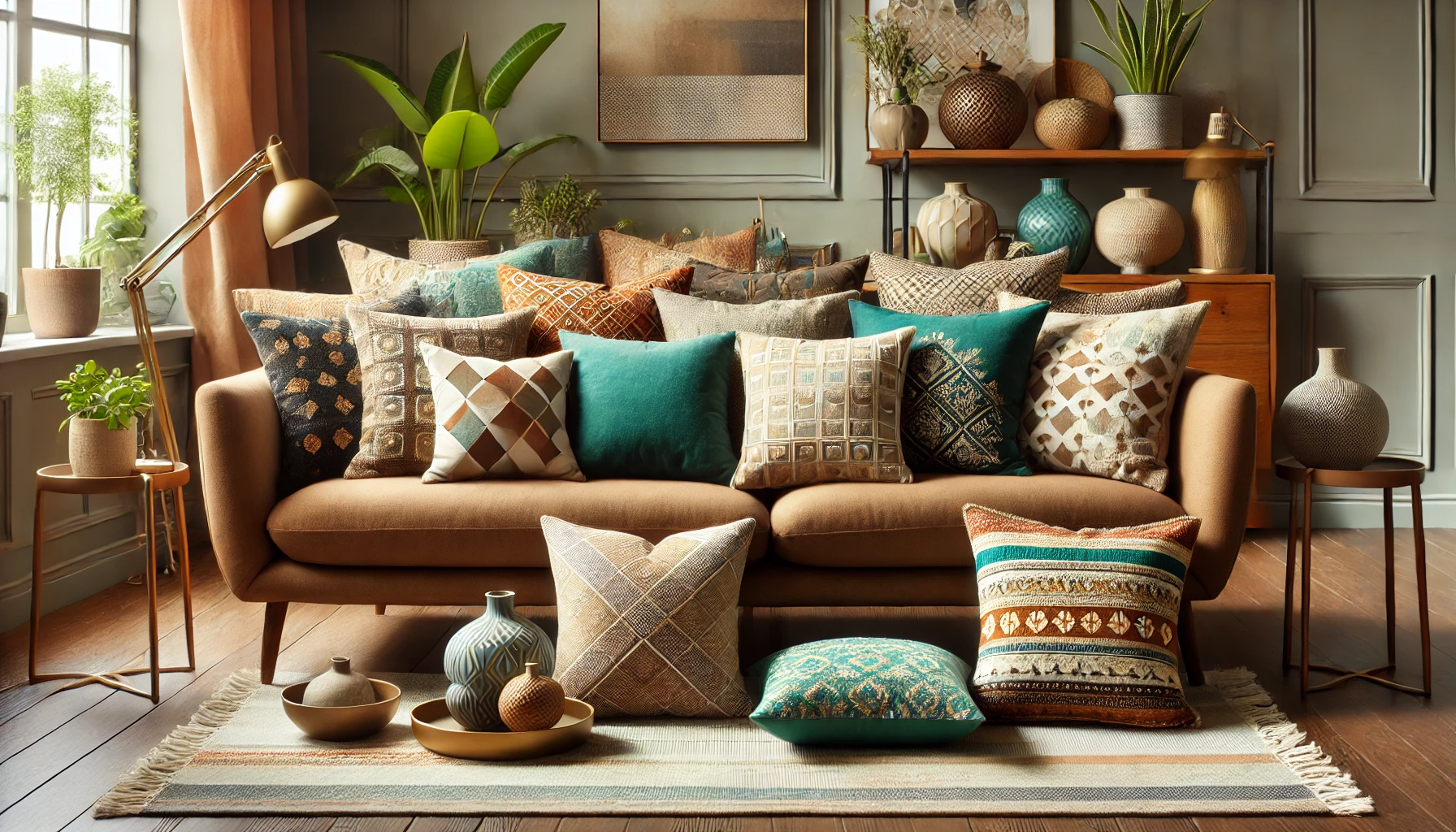 A stylish couch decorated with many pillows and items, providing ideas on what color pillows for a brown couch to choose.