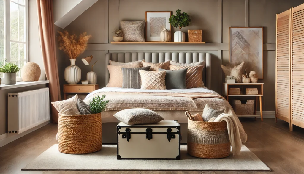 A cozy bedroom featuring a bed, a wooden cabinet, and a basket, ideal for thinking about where to put throw pillows when sleeping.