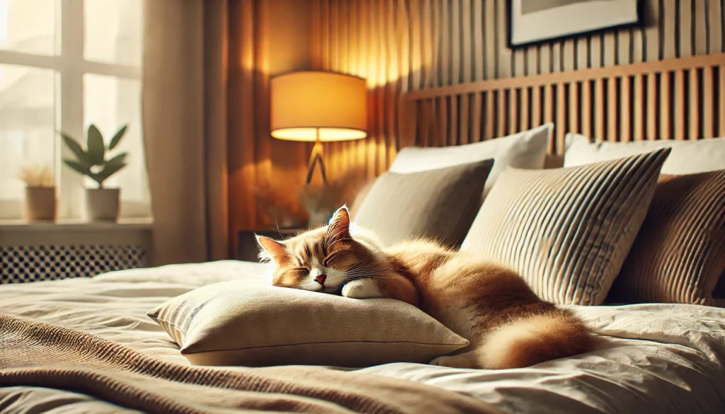 A cat peacefully sleeps on a pillow on a bed, showcasing why does my cat like to sleep on my pillow.