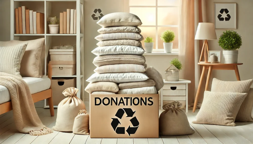 A box filled with pillows and blankets ready for donation, showing where to donate pillows and bedding for those in need.