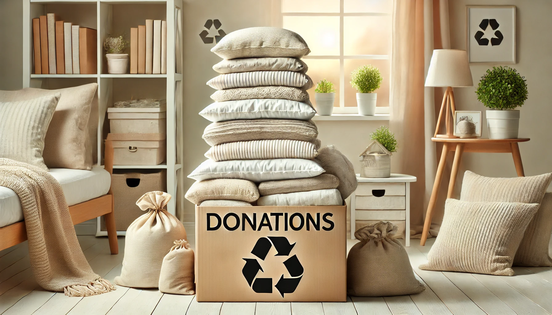 A donation box containing pillows and blankets, illustrating where to donate pillows and bedding to help others.