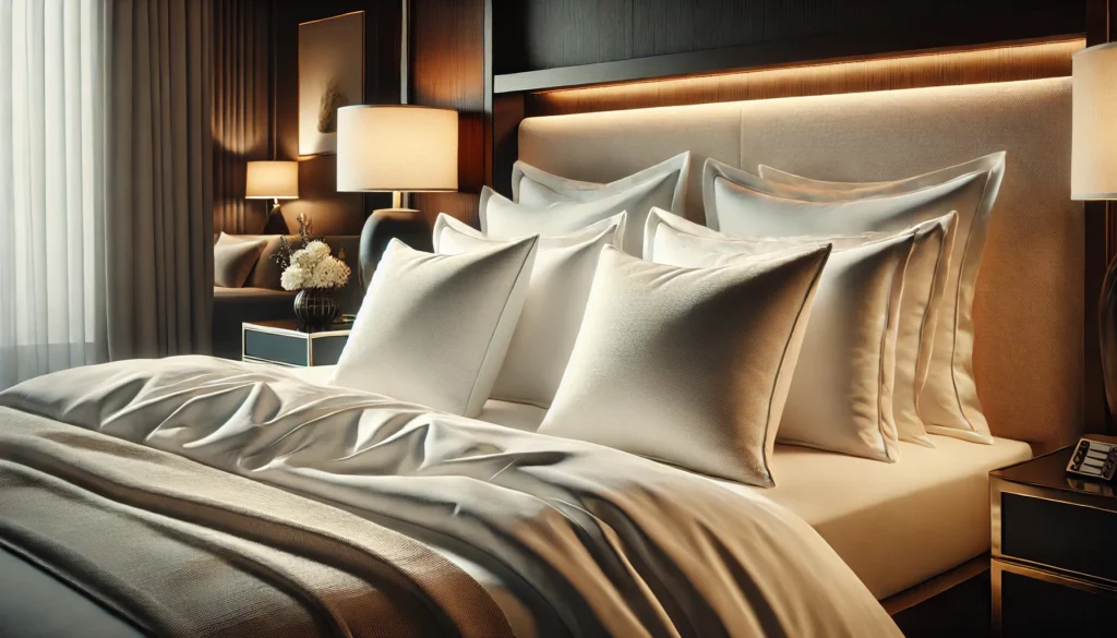 A cozy bed with white pillows and a lamp, showcasing What Pillows Do The Marriott Hotels Use.