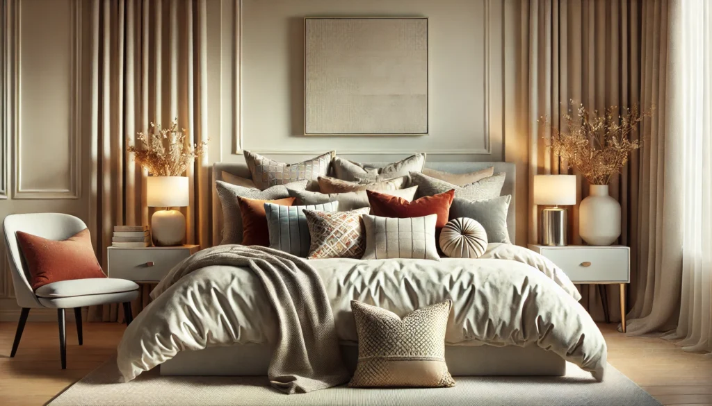  A cozy bedroom featuring a bed, a chair, and a lamp, perfect for relaxing and choosing what size decorative pillows for king bed.