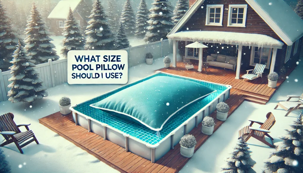 A visual guide to choosing pool pillows, featuring the question: "What size pool pillow should I use?" prominently displayed.