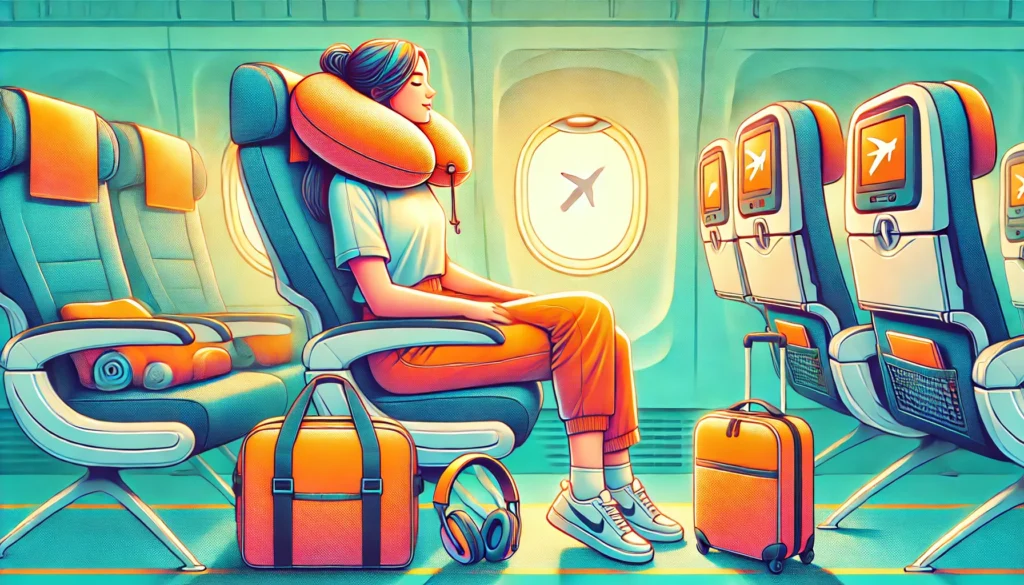 A woman sits on an airplane seat with her luggage, wondering what's the proper way to wear a travel pillow for comfort.