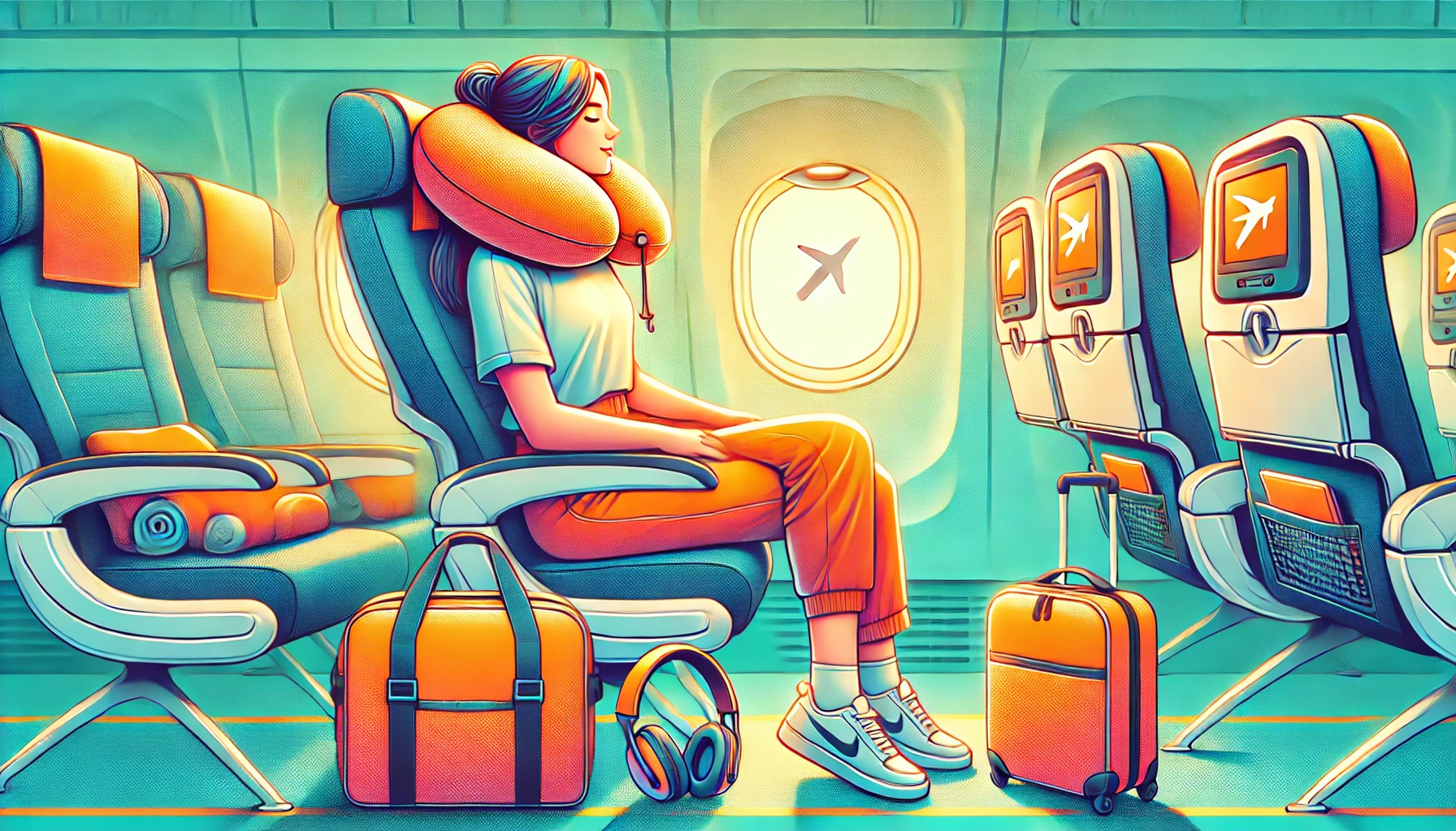 A woman is seated on an airplane with her luggage, thinking about what's the proper way to wear a travel pillow during her flight.