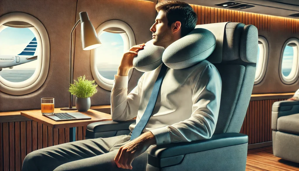 A man sits comfortably in an airplane seat with a pillow, demonstrating what's the proper way to wear a neck pillow.