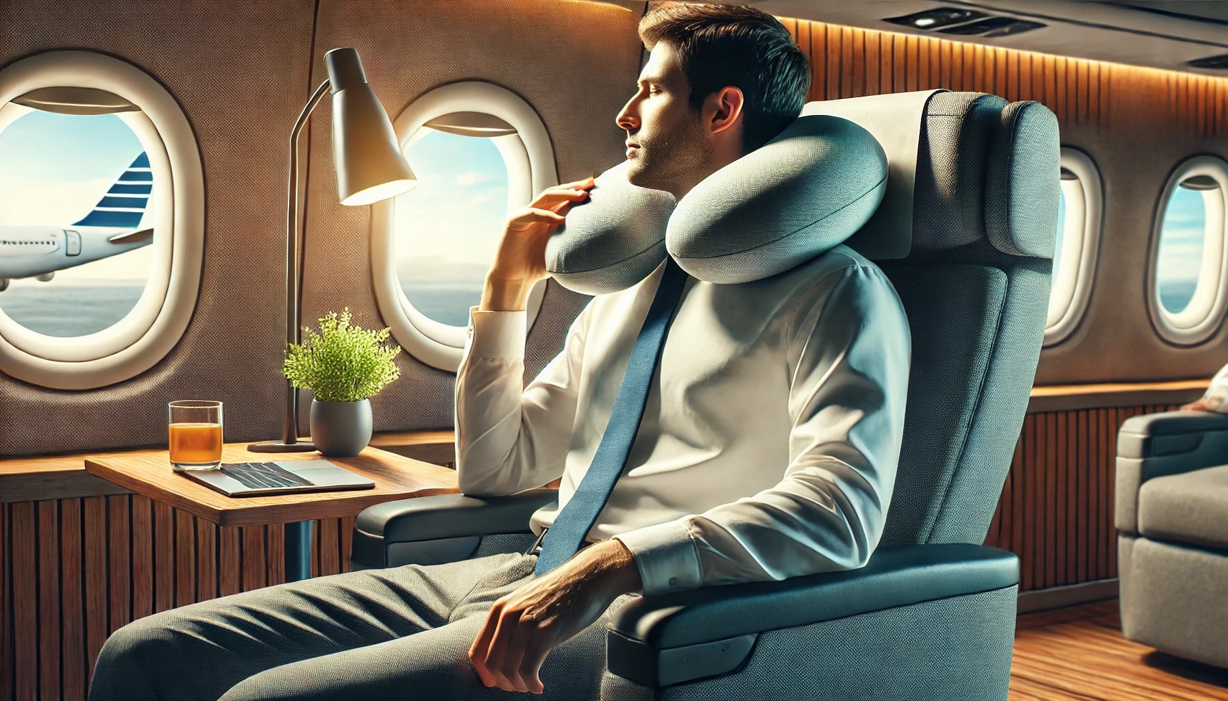 A man in an airplane seat uses a pillow, showing what's the proper way to wear a neck pillow for travel comfort.