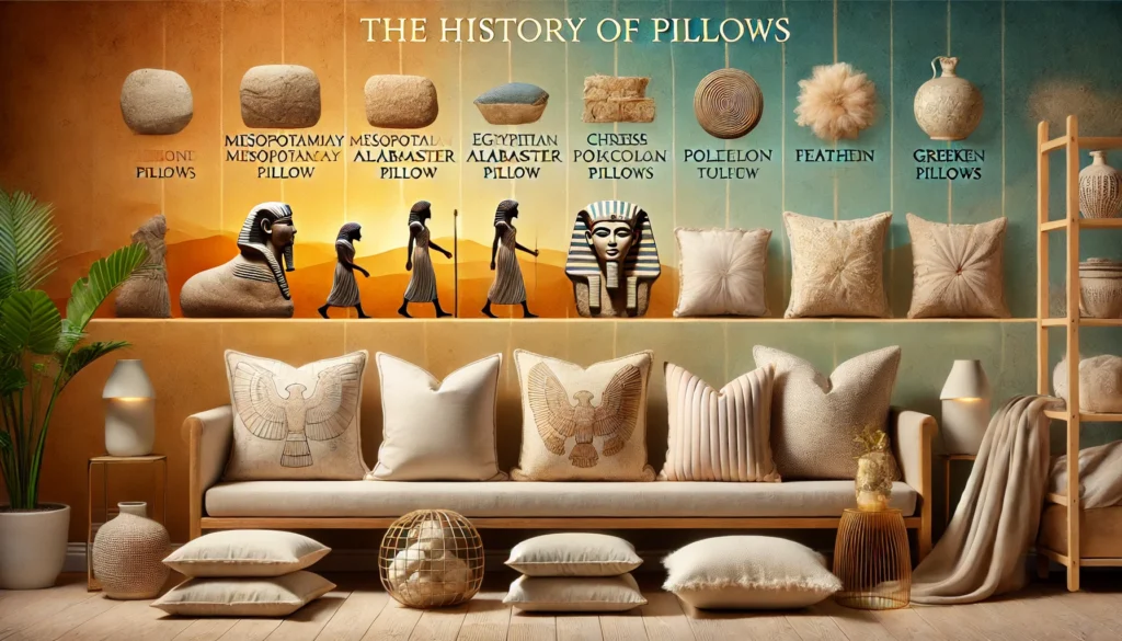 A graphic representation of pillow history, highlighting key moments and addressing when was the first pillow was invented.