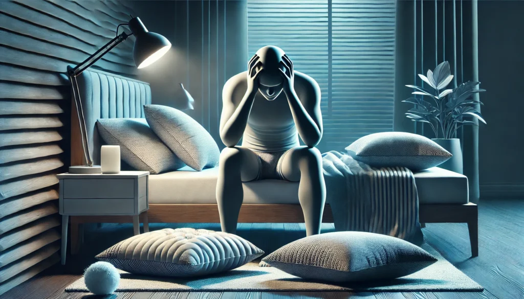 A man sits on a bed surrounded by pillows, pondering why his pillow gives him a headache.